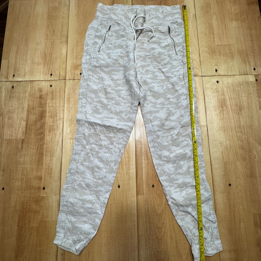 Athleta Cabo Linen Jogger Pants Tan Camo 100% Linen Women 8T Tall Zip Pockets
